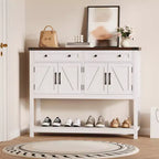 Console de style rustique avec 2 tiroirs, 4 portes et des étagères ouvertes – un buffet bas étroit parfait pour les cuisines, les couloirs ou les salons.