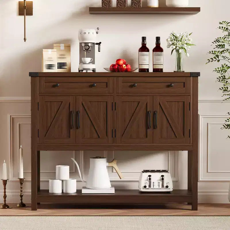 Console de style rustique avec 2 tiroirs, 4 portes et des étagères ouvertes – un buffet bas étroit parfait pour les cuisines, les couloirs ou les salons.