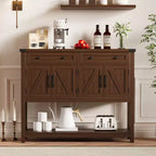 Console de style rustique avec 2 tiroirs, 4 portes et des étagères ouvertes – un buffet bas étroit parfait pour les cuisines, les couloirs ou les salons.