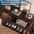 Console de style rustique avec 2 tiroirs, 4 portes et des étagères ouvertes – un buffet bas étroit parfait pour les cuisines, les couloirs ou les salons.