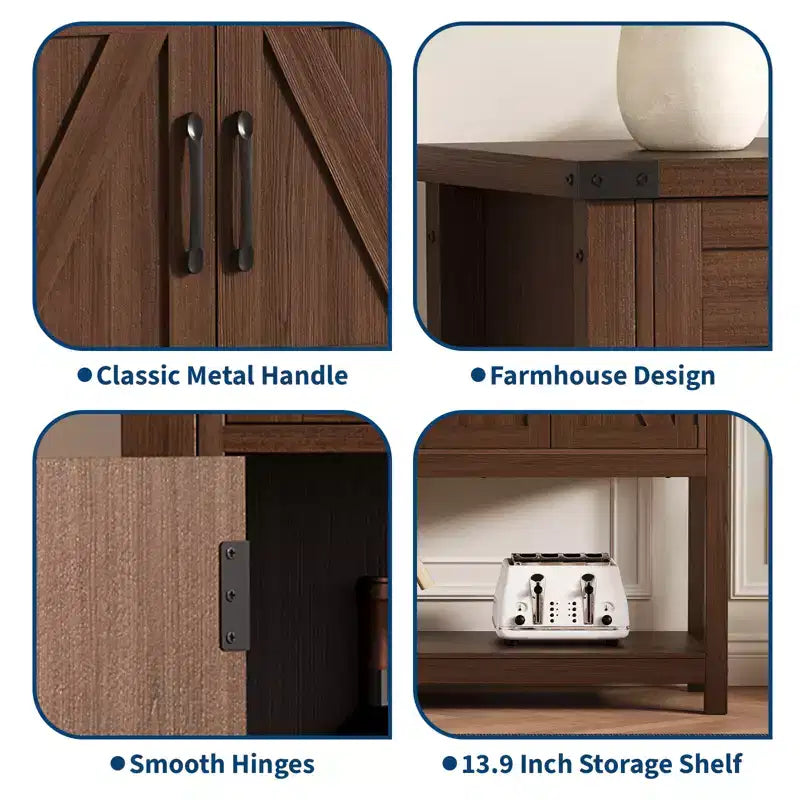 Console de style rustique avec 2 tiroirs, 4 portes et des étagères ouvertes – un buffet bas étroit parfait pour les cuisines, les couloirs ou les salons.