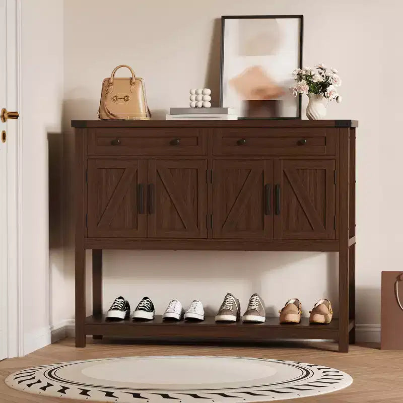 Console de style rustique avec 2 tiroirs, 4 portes et des étagères ouvertes – un buffet bas étroit parfait pour les cuisines, les couloirs ou les salons.