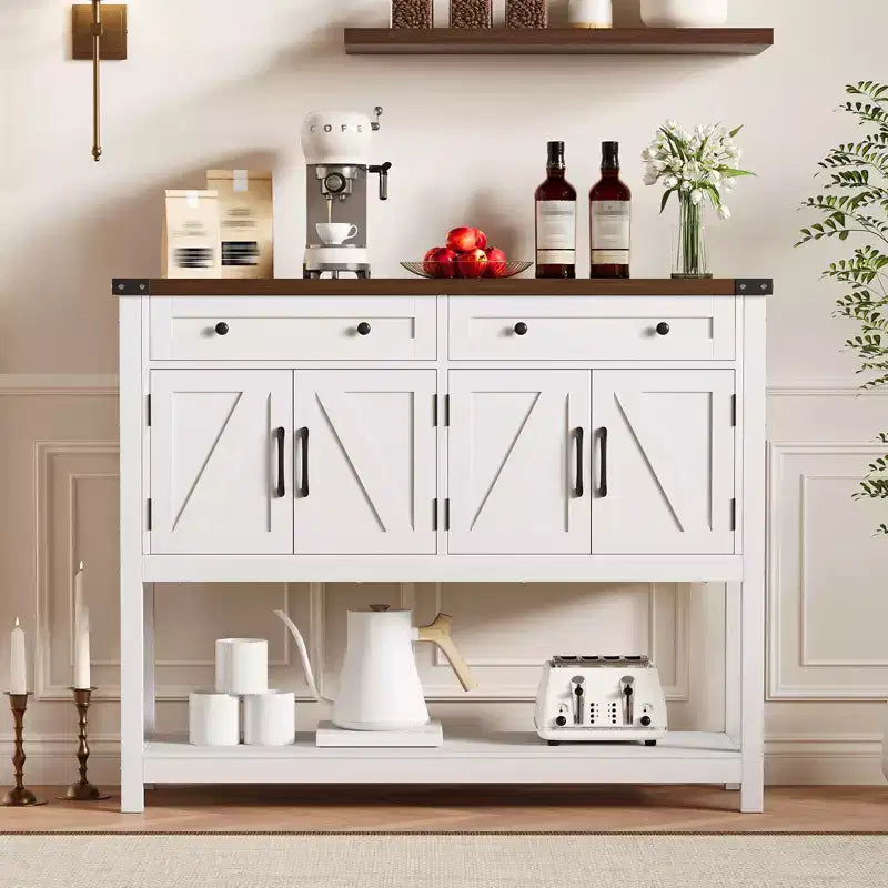Console de style rustique avec 2 tiroirs, 4 portes et des étagères ouvertes – un buffet bas étroit parfait pour les cuisines, les couloirs ou les salons.