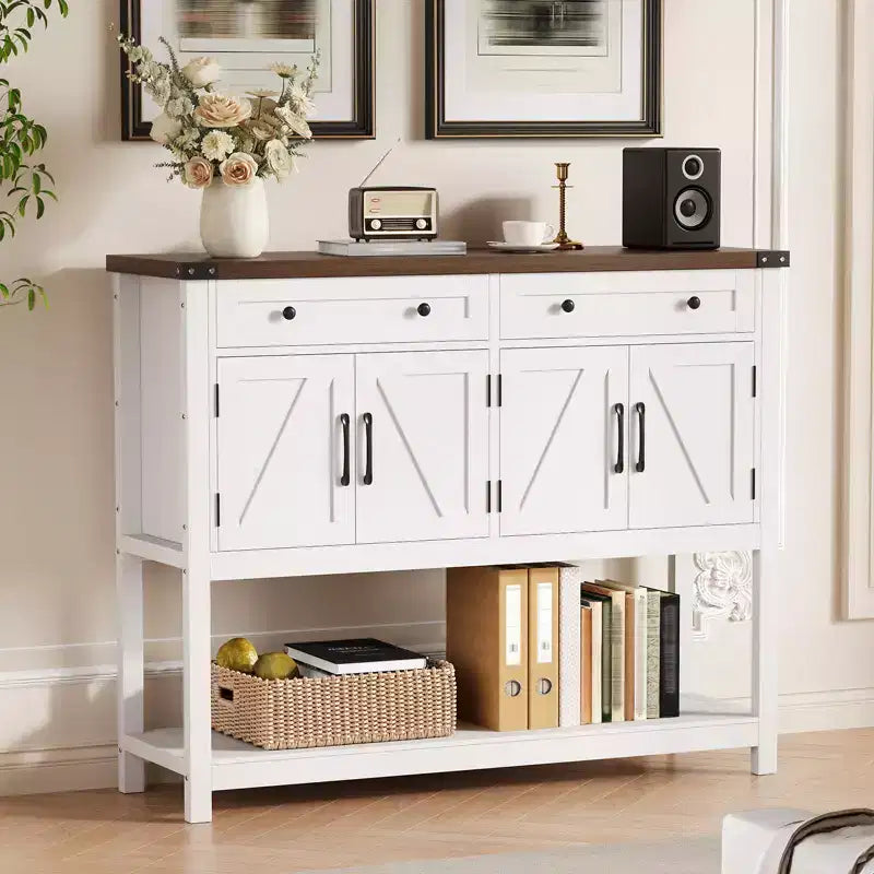 Console de style rustique avec 2 tiroirs, 4 portes et des étagères ouvertes – un buffet bas étroit parfait pour les cuisines, les couloirs ou les salons.