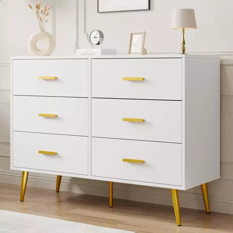 Commode en bois à 6 tiroirs avec poignées dorées, Grand meuble de rangement pour chambre, salon ou entrée, Meuble de chambre moderne
