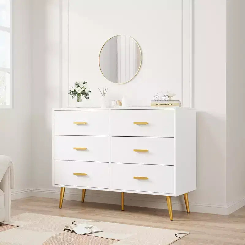 Commode en bois à 6 tiroirs avec poignées dorées, Grand meuble de rangement pour chambre, salon ou entrée, Meuble de chambre moderne