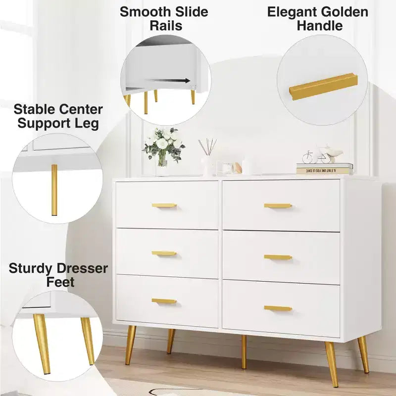 Commode en bois à 6 tiroirs avec poignées dorées, Grand meuble de rangement pour chambre, salon ou entrée, Meuble de chambre moderne