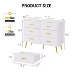Commode en bois à 6 tiroirs avec poignées dorées, Grand meuble de rangement pour chambre, salon ou entrée, Meuble de chambre moderne
