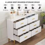 Commode en bois à 6 tiroirs avec poignées dorées, Grand meuble de rangement pour chambre, salon ou entrée, Meuble de chambre moderne