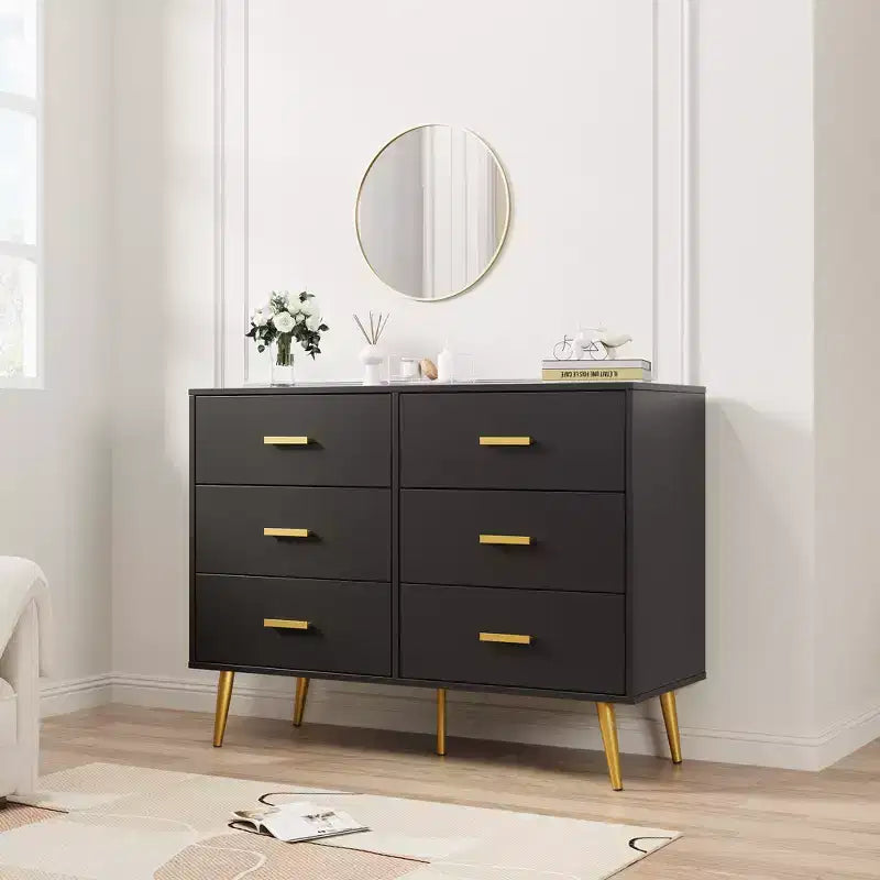 Commode en bois à 6 tiroirs avec poignées dorées, Grand meuble de rangement pour chambre, salon ou entrée, Meuble de chambre moderne