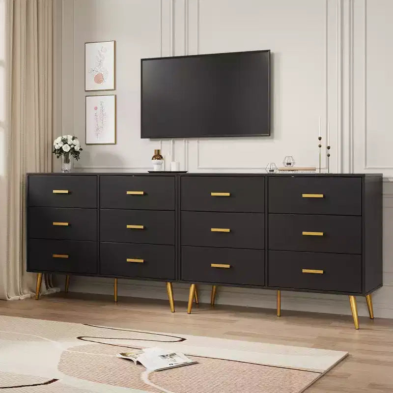 Commode en bois à 6 tiroirs avec poignées dorées, Grand meuble de rangement pour chambre, salon ou entrée, Meuble de chambre moderne