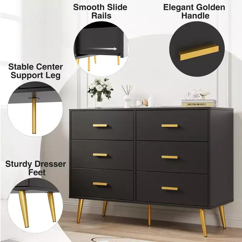 Commode en bois à 6 tiroirs avec poignées dorées, Grand meuble de rangement pour chambre, salon ou entrée, Meuble de chambre moderne
