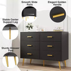 Commode en bois à 6 tiroirs avec poignées dorées, Grand meuble de rangement pour chambre, salon ou entrée, Meuble de chambre moderne