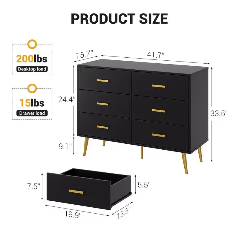 Commode en bois à 6 tiroirs avec poignées dorées, Grand meuble de rangement pour chambre, salon ou entrée, Meuble de chambre moderne