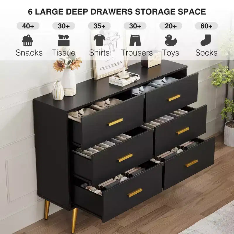 Commode en bois à 6 tiroirs avec poignées dorées, Grand meuble de rangement pour chambre, salon ou entrée, Meuble de chambre moderne