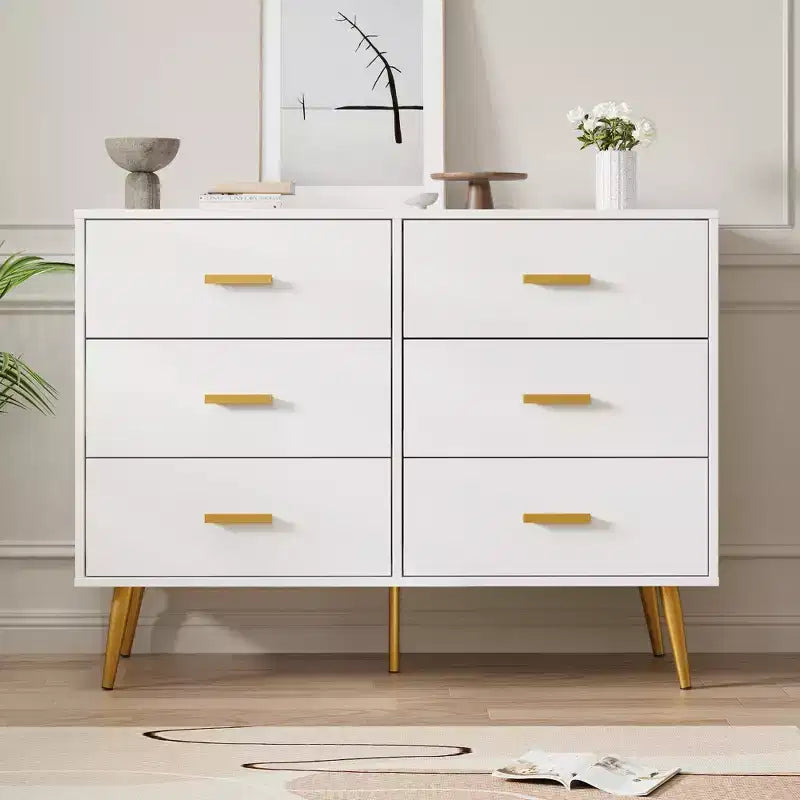 Commode en bois à 6 tiroirs avec poignées dorées, Grand meuble de rangement pour chambre, salon ou entrée, Meuble de chambre moderne
