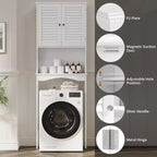 Meuble de rangement WC avec portes persiennes ventilées, étagère réglable, crochets et dispositif anti-basculement, organisateur de salle de bain peu encombrant, blanc