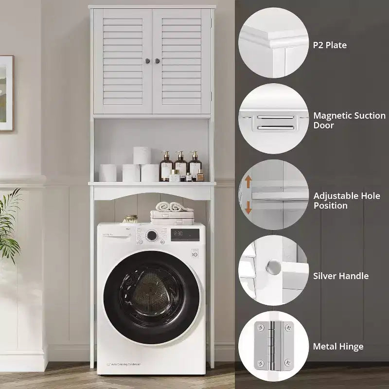 Meuble de rangement WC avec portes persiennes ventilées, étagère réglable, crochets et dispositif anti-basculement, organisateur de salle de bain peu encombrant, blanc