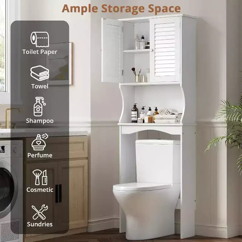 Meuble de rangement WC avec portes persiennes ventilées, étagère réglable, crochets et dispositif anti-basculement, organisateur de salle de bain peu encombrant, blanc