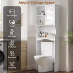 Meuble de rangement WC avec portes persiennes ventilées, étagère réglable, crochets et dispositif anti-basculement, organisateur de salle de bain peu encombrant, blanc