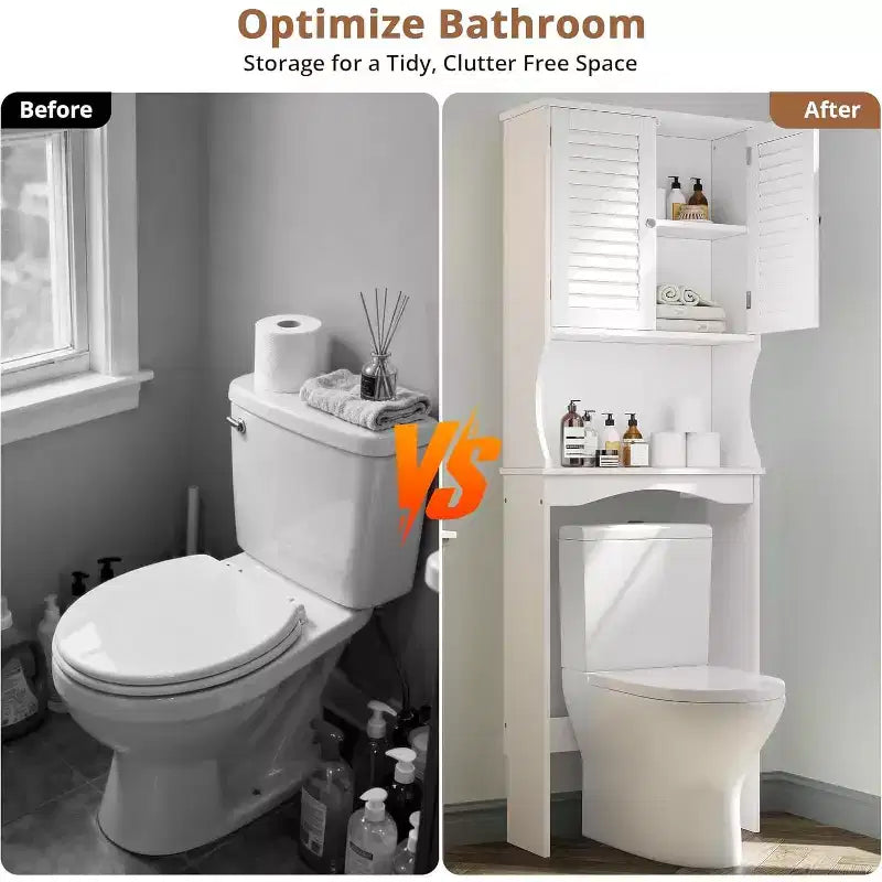 Meuble de rangement WC avec portes persiennes ventilées, étagère réglable, crochets et dispositif anti-basculement, organisateur de salle de bain peu encombrant, blanc