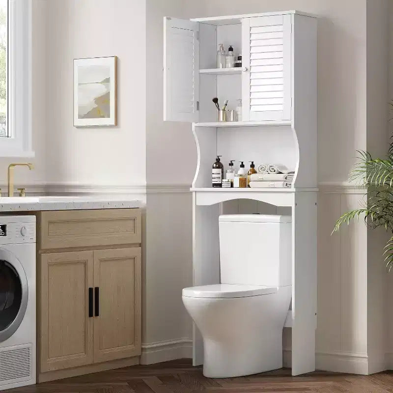Meuble de rangement WC avec portes persiennes ventilées, étagère réglable, crochets et dispositif anti-basculement, organisateur de salle de bain peu encombrant, blanc