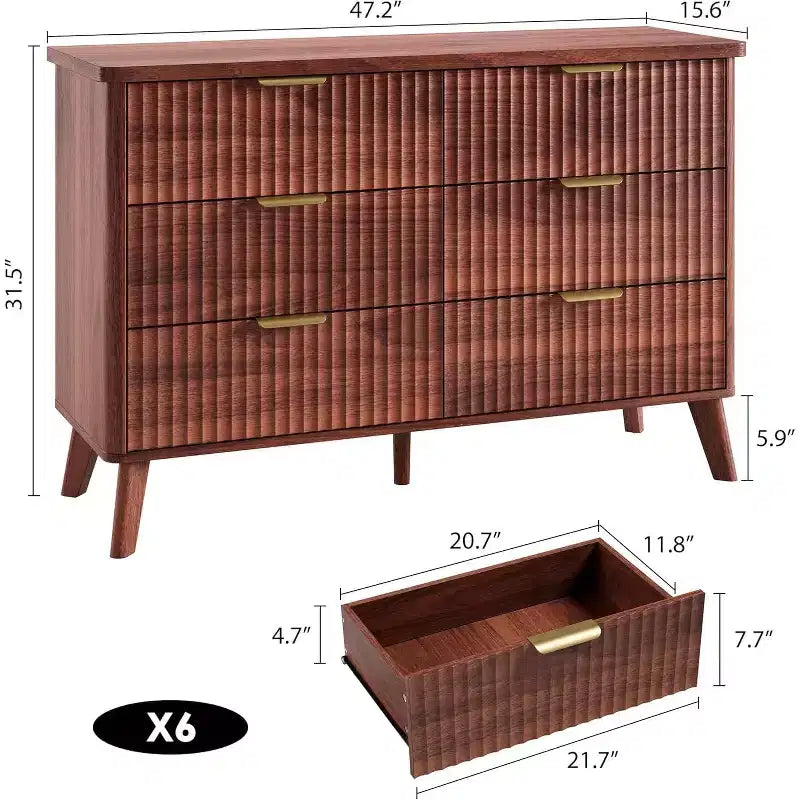 Commode à 6 tiroirs pour chambre à coucher, commode large de 120 cm avec profil incurvé