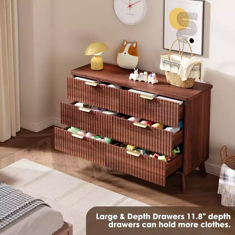 Commode à 6 tiroirs pour chambre à coucher, commode large de 120 cm avec profil incurvé