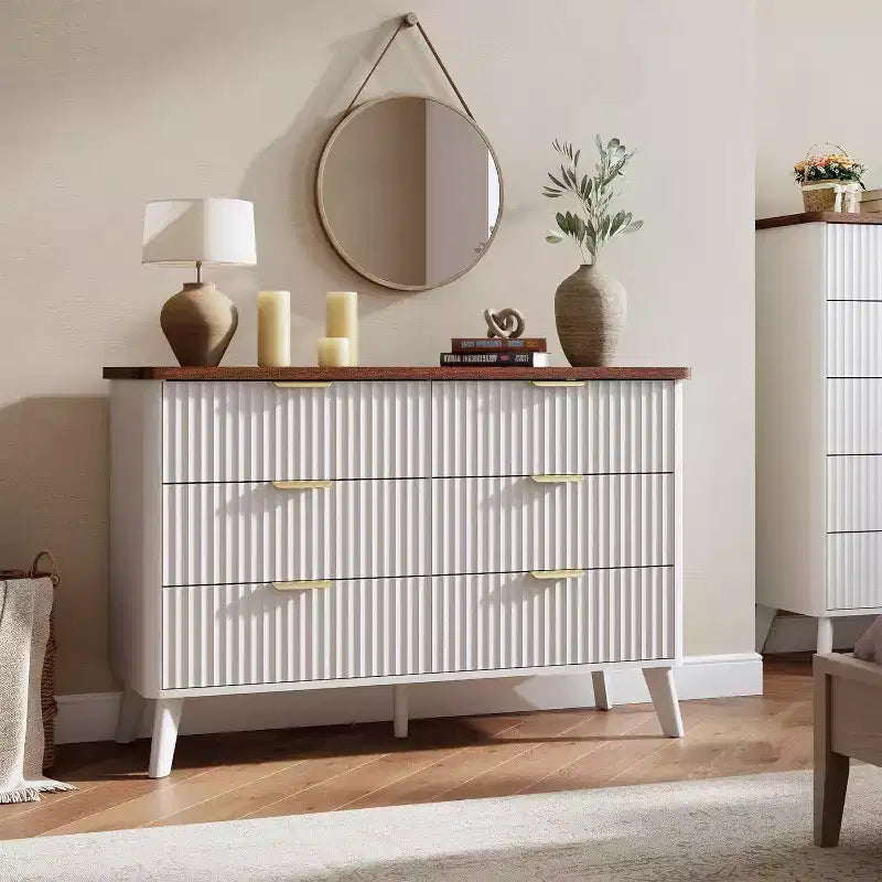 Commode à 6 tiroirs pour chambre à coucher, commode large de 120 cm avec profil incurvé