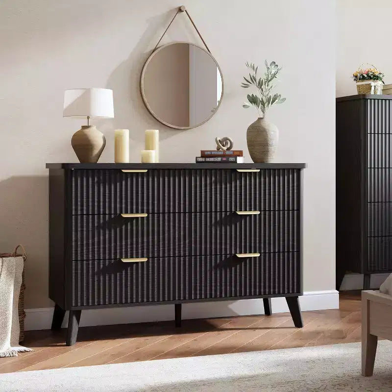Commode à 6 tiroirs pour chambre à coucher, commode large de 120 cm avec profil incurvé