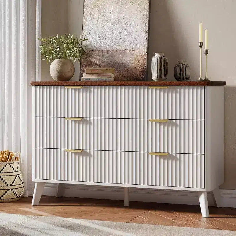 Commode à 6 tiroirs pour chambre à coucher, commode large de 120 cm avec profil incurvé