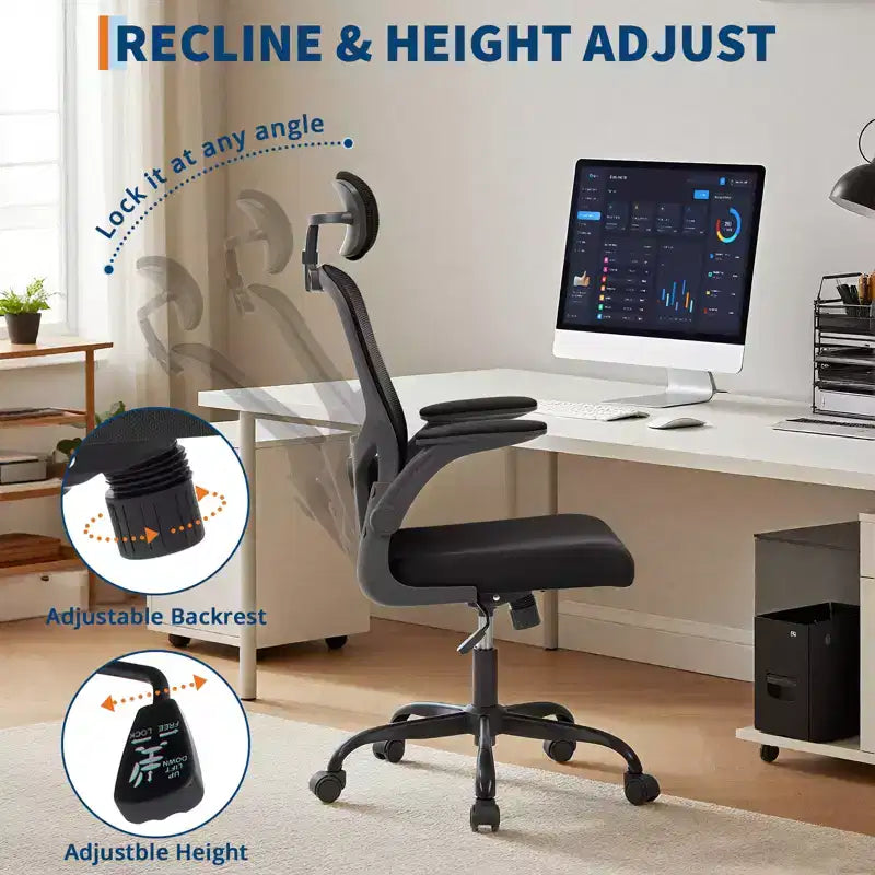 Fauteuil de bureau avec appui-tête, Chaise de bureau en maille avec soutien dorsal et accoudoirs réglables, Chaise de travail ergonomique à dossier haut et roulettes pour l'étude