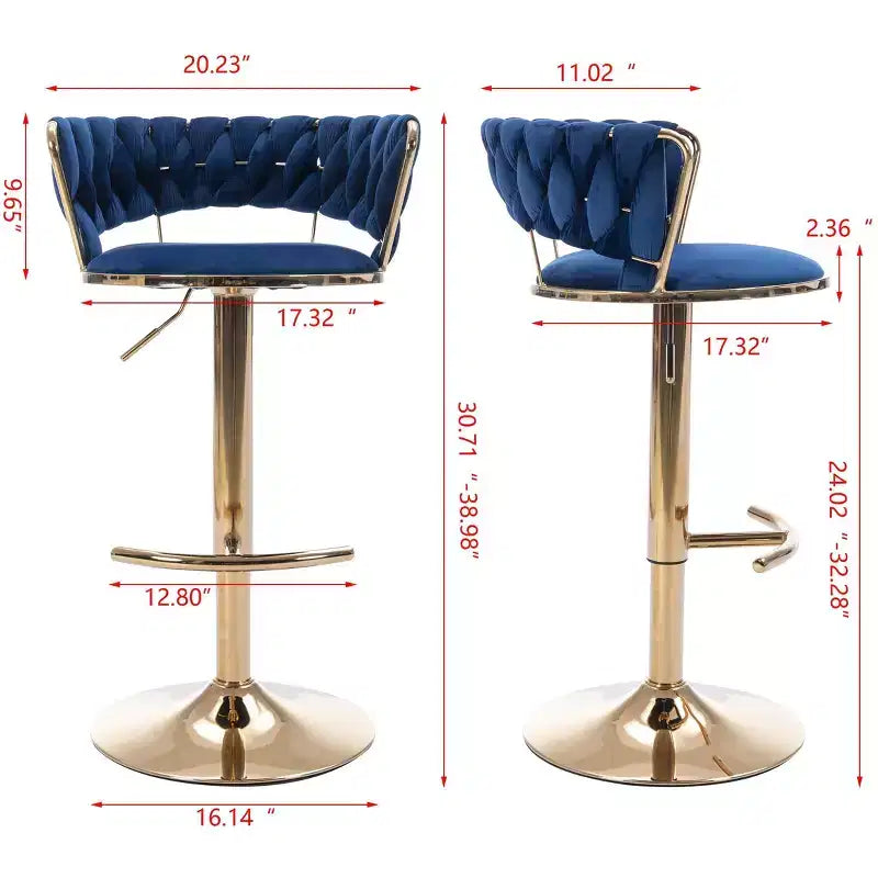 Tabourets de bar en velours Okak avec repose-pieds et base chromés (lot de 2), tabourets de bar pivotants à hauteur réglable, tabourets de comptoir.