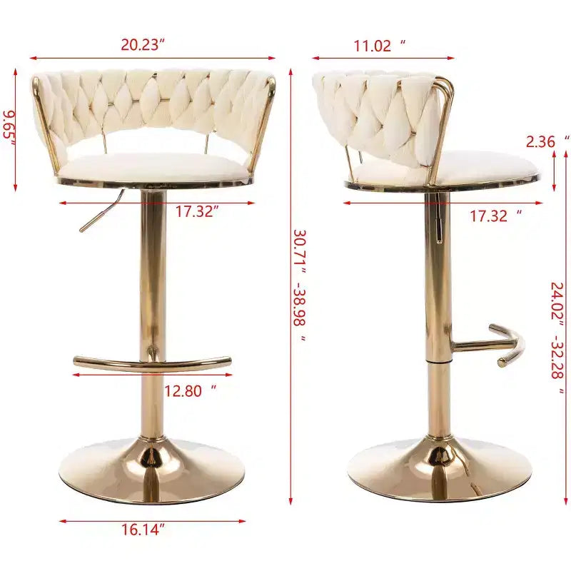 Tabourets de bar en velours Okak avec repose-pieds et base chromés (lot de 2), tabourets de bar pivotants à hauteur réglable, tabourets de comptoir.