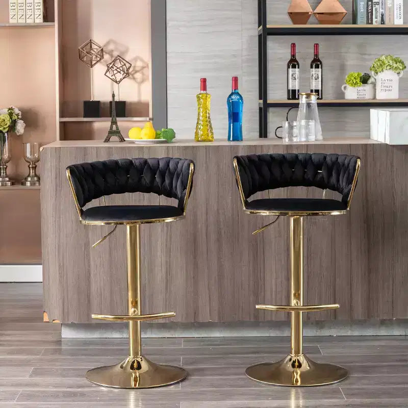 Tabourets de bar en velours Okak avec repose-pieds et base chromés (lot de 2), tabourets de bar pivotants à hauteur réglable, tabourets de comptoir.