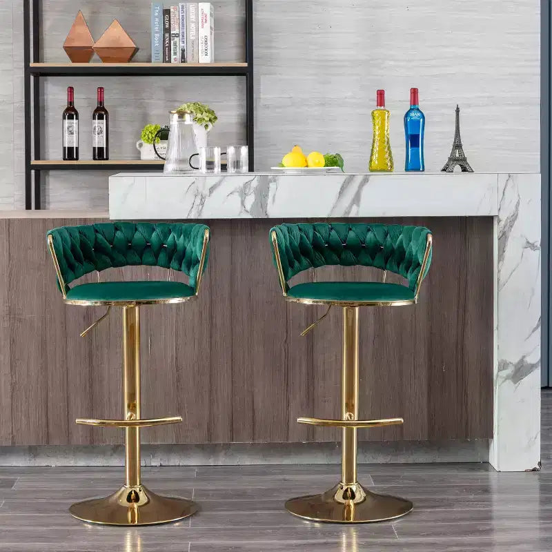 Tabourets de bar en velours Okak avec repose-pieds et base chromés (lot de 2), tabourets de bar pivotants à hauteur réglable, tabourets de comptoir.