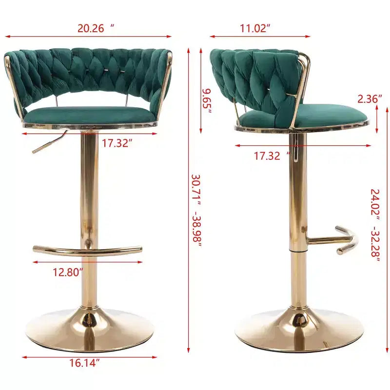 Tabourets de bar en velours Okak avec repose-pieds et base chromés (lot de 2), tabourets de bar pivotants à hauteur réglable, tabourets de comptoir.