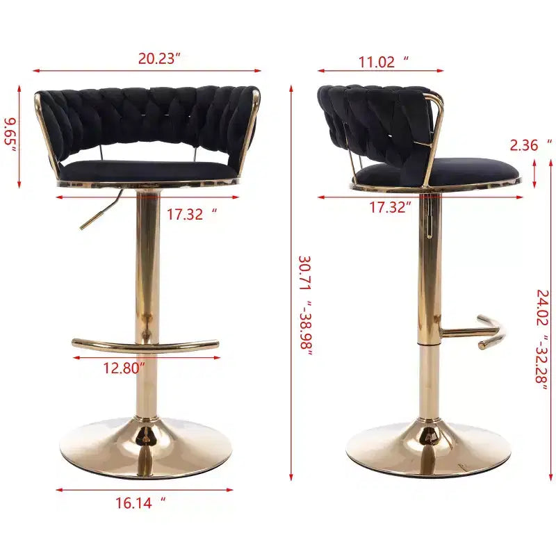 Tabourets de bar en velours Okak avec repose-pieds et base chromés (lot de 2), tabourets de bar pivotants à hauteur réglable, tabourets de comptoir.