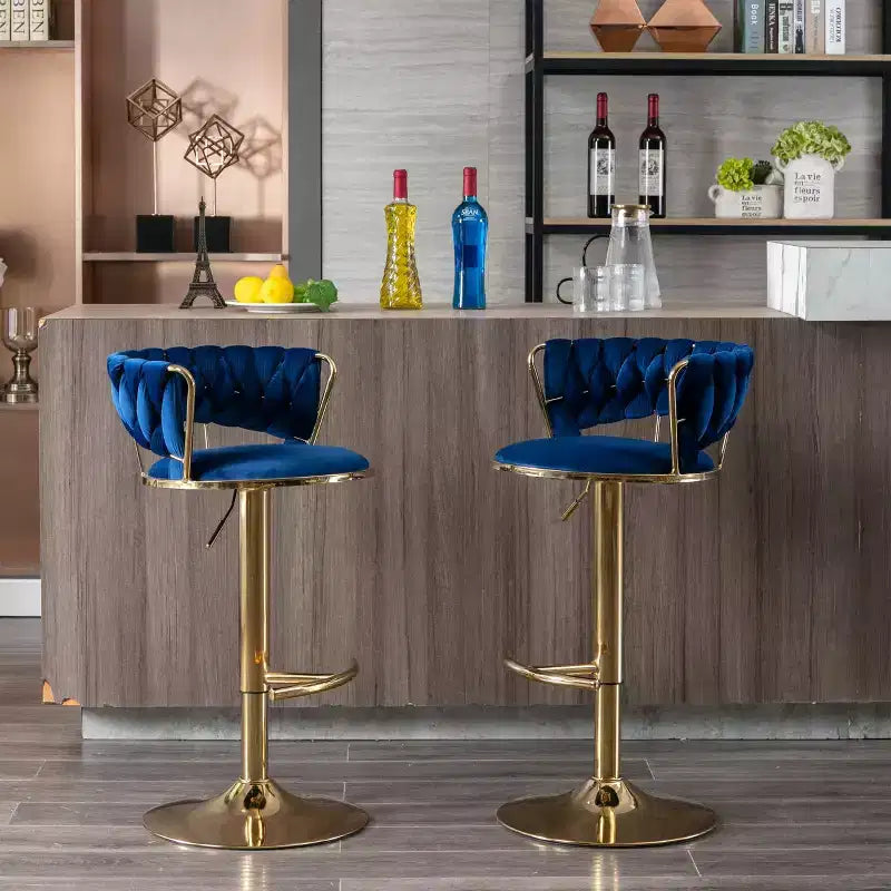 Tabourets de bar en velours Okak avec repose-pieds et base chromés (lot de 2), tabourets de bar pivotants à hauteur réglable, tabourets de comptoir.