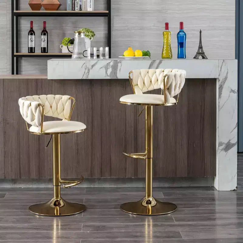 Tabourets de bar en velours Okak avec repose-pieds et base chromés (lot de 2), tabourets de bar pivotants à hauteur réglable, tabourets de comptoir.