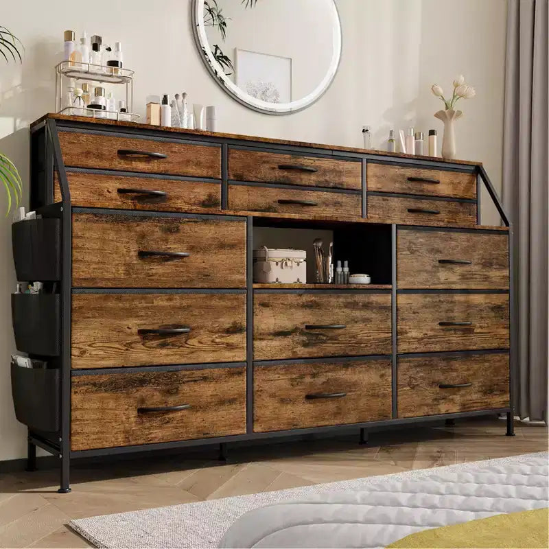 Commode TV avec 14 tiroirs en tissu, commode de chambre avec cadre en métal et dessus en bois, étagères ouvertes pour chambre, salon, placard