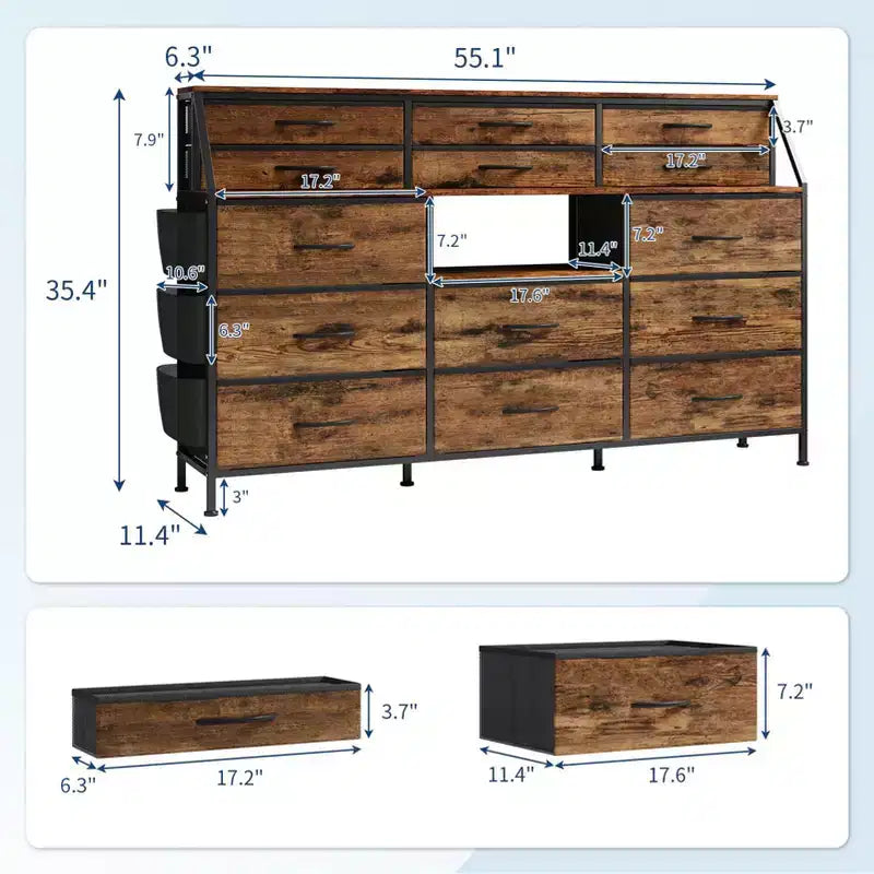 Commode TV avec 14 tiroirs en tissu, commode de chambre avec cadre en métal et dessus en bois, étagères ouvertes pour chambre, salon, placard