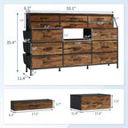 Commode TV avec 14 tiroirs en tissu, commode de chambre avec cadre en métal et dessus en bois, étagères ouvertes pour chambre, salon, placard