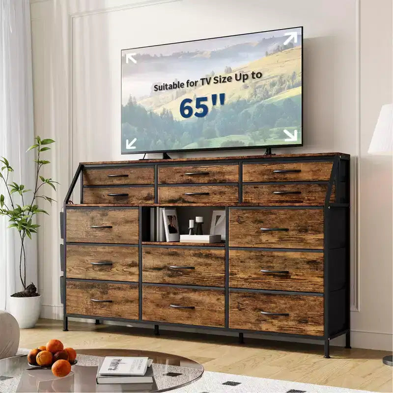 Commode TV avec 14 tiroirs en tissu, commode de chambre avec cadre en métal et dessus en bois, étagères ouvertes pour chambre, salon, placard