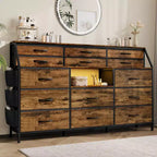 Commode TV avec 14 tiroirs en tissu, commode de chambre avec cadre en métal et dessus en bois, étagères ouvertes pour chambre, salon, placard