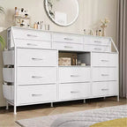 Commode TV avec 14 tiroirs en tissu, commode de chambre avec cadre en métal et dessus en bois, étagères ouvertes pour chambre, salon, placard