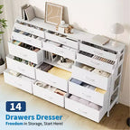 Commode TV avec 14 tiroirs en tissu, commode de chambre avec cadre en métal et dessus en bois, étagères ouvertes pour chambre, salon, placard