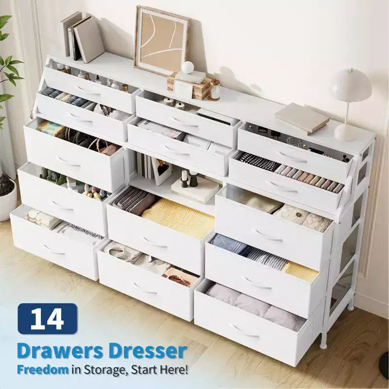 Commode TV avec 14 tiroirs en tissu, commode de chambre avec cadre en métal et dessus en bois, étagères ouvertes pour chambre, salon, placard