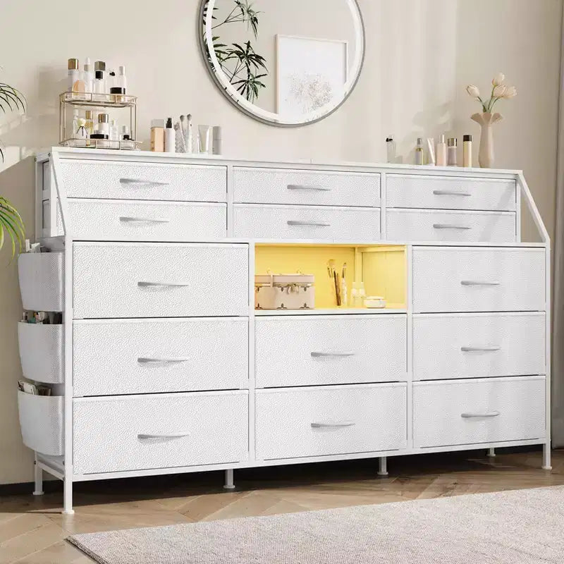Commode TV avec 14 tiroirs en tissu, commode de chambre avec cadre en métal et dessus en bois, étagères ouvertes pour chambre, salon, placard