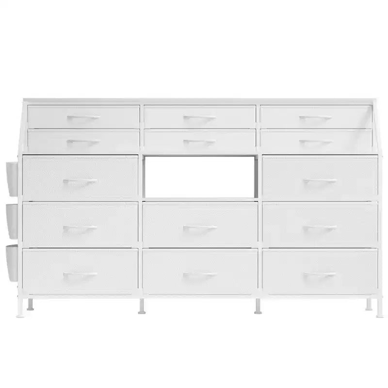 Commode TV avec 14 tiroirs en tissu, commode de chambre avec cadre en métal et dessus en bois, étagères ouvertes pour chambre, salon, placard